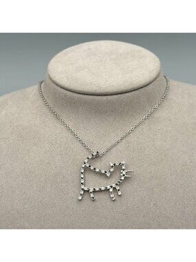 Silver Tone Mod Kitty Cat Black Rhinestone Pendant Necklace